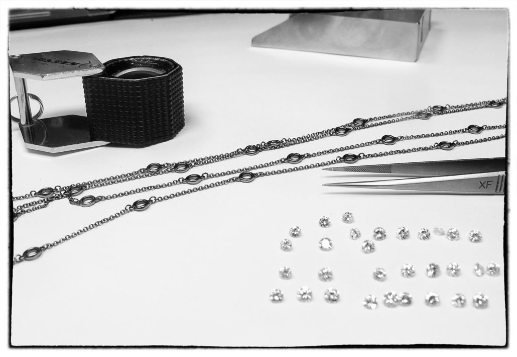 Diamonds on a chain, diamond essentials, diamond necklaces, 14K White Gold, Bezel Setting