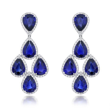 Heat treated blue sapphire, natural round brilliant diamond, halo set, dangling earrings, white gold