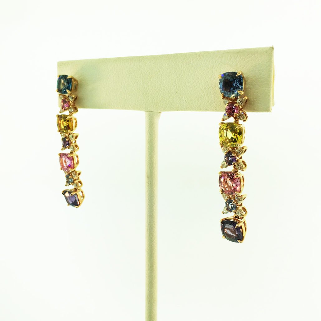 Sapphires, Multi-colored sapphire, heat-treated sapphire, earrings, dangling, diamonds, friction backs, 18k rose gold