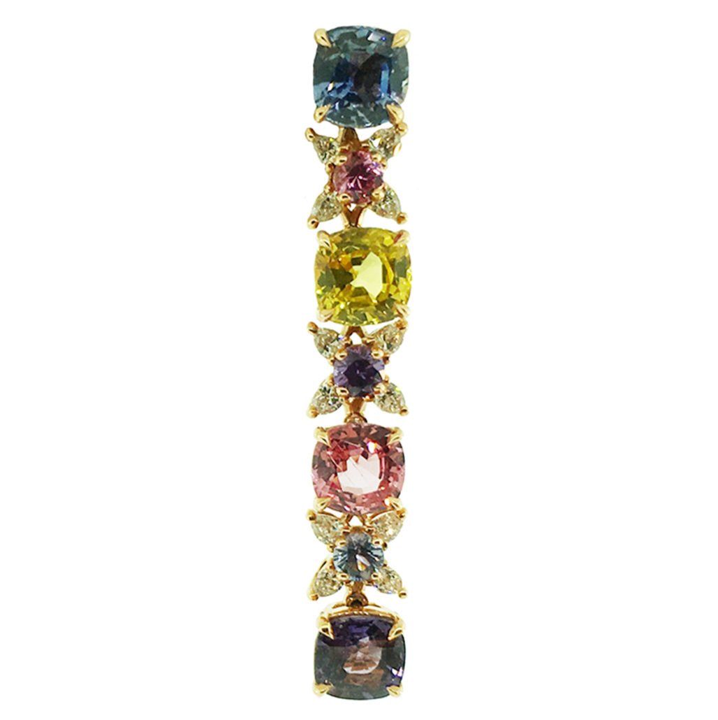 Rubies, Multi-colored sapphire, heat-treated sapphire, earrings, dangling, diamonds, friction backs, 18k rose gold