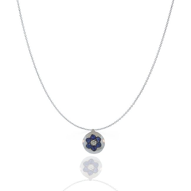 Sapphire, Diamond, Pendant, Diamond, Flower, White Gold